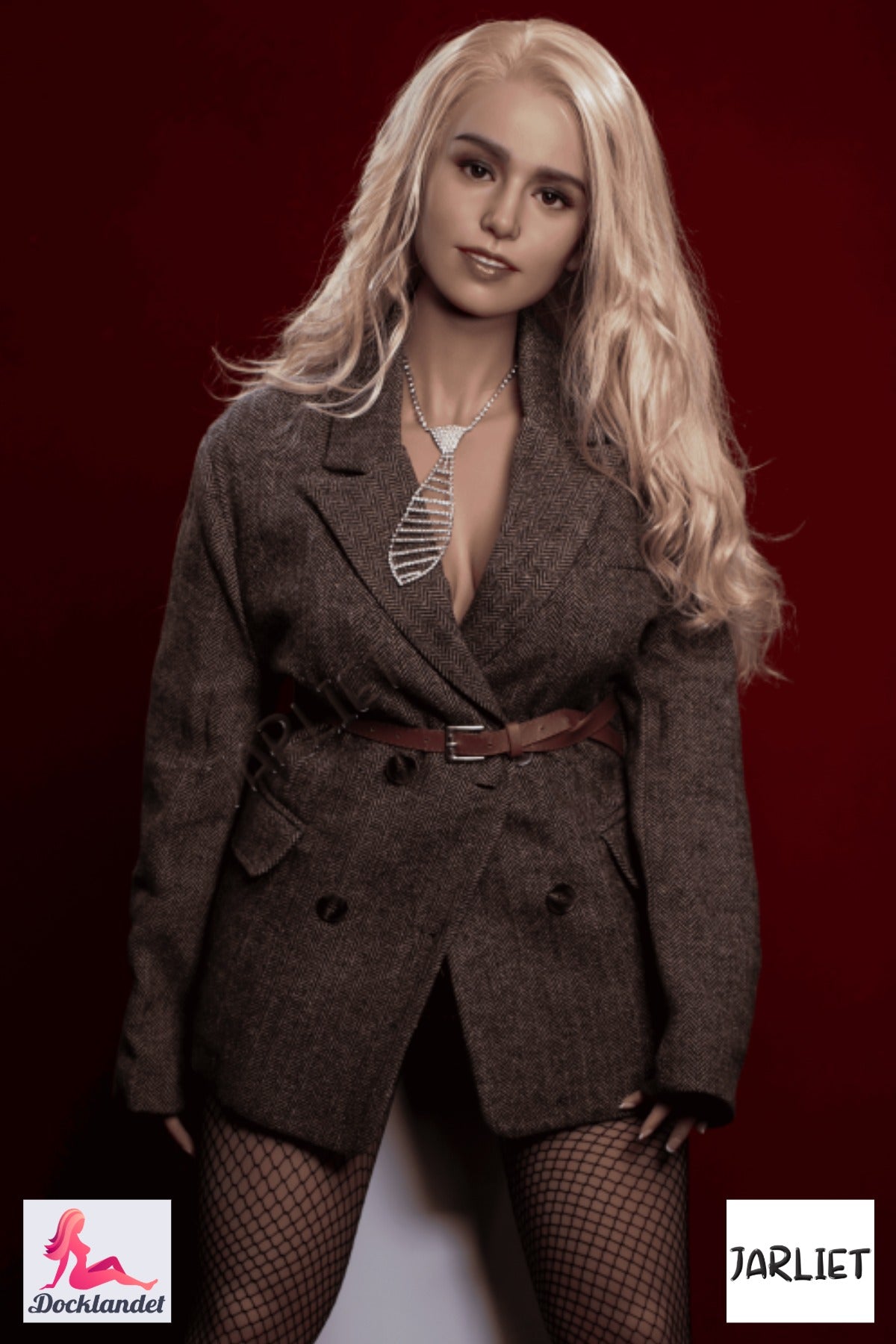 Jarliet Romy silikonsexdocka med naturlig kropp och realistiskt ansikte, sittande helkroppsbild mot mörkröd bakgrund, premiumdesign.