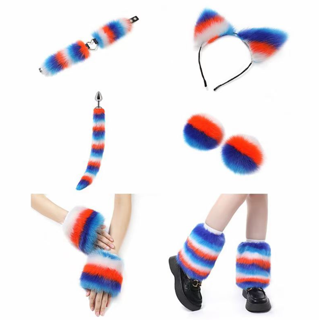 Furry outfit i farverig pels (sæt med 11 dele)
