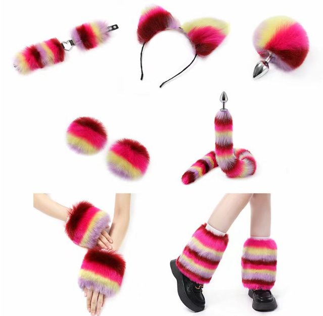 Furry outfit i farverig pels (sæt med 11 dele)
