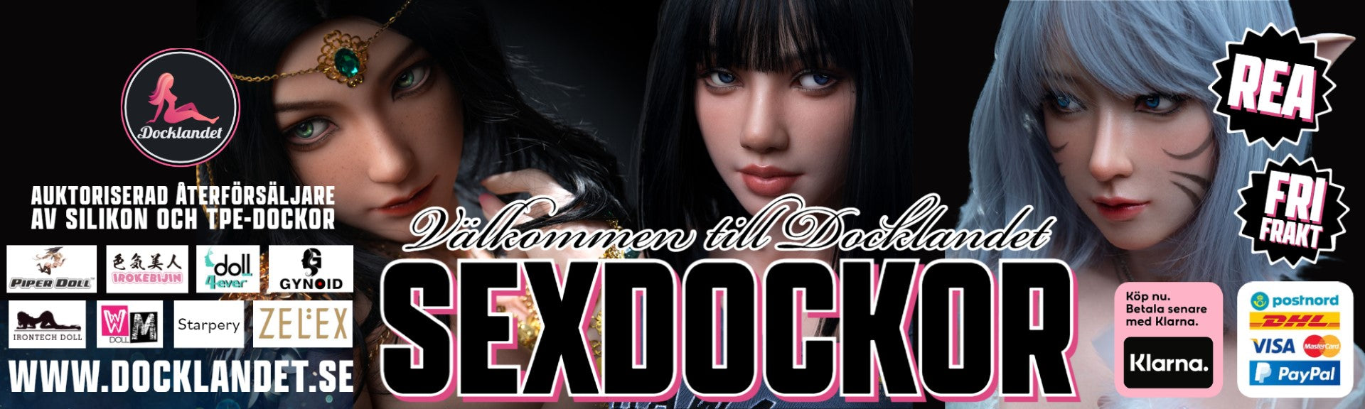 Sexdocka från Docklandet. På bilden syns tre sexdockor av silikon från märket Irontech Doll. 